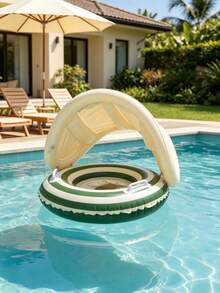Striped Inflatable Swim Float With Detachable Sun Canopy, Anti-Flip Swim Seat With Handles, Summer Pool Beach Pool Accessory - Multicolor - View 5