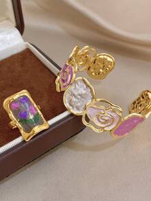 Vintage Romantic Stainless Steel Pink Irregular Floral Bangle Bracelet & Dried Flower Ring Women Jewelry Set,Daily Party Vacation Valentine's/Y2K/Boho - Multicolor - View 5