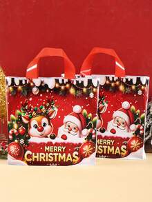 6/12pcs Christmas Plastic Tote Bags, Cartoon Reindeer & Santa Claus Pattern Reusable Gift Bags, Shiny Shopping Bags, Red Party Gift Bags, 2026 Holiday Christmas Home Decor, 2027 Christmas Gift Christmas New Year Packaging Bags - Santa Claus Elk - View 3