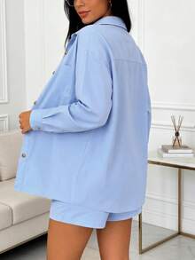Women's 3-Piece Summer Set Shirt, Minimalist Vacation PJ Set Elegant - Sky Blue - View 11
