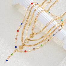 4pcs Fashion Elegant Gold Heart Colorful Rhinestone Y-Shaped Multi-Layer Necklace, Perfect Gift For Women's Vacation And Date - Yellow Gold - View 6