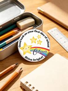 1pc Customized Personalized Round Badge With Rainbow Star Pattern, Can Print Custom Name, Suitable For First Day Of School, Brooch For School Return, Photo Prop, Back To School Outfit Accessory, Classroom Reward Decoration, Backpack, Jacket, Bag Decorative Badge, Birthday Gift, School Supplies, Back To School Gift - Multicolor - View 3