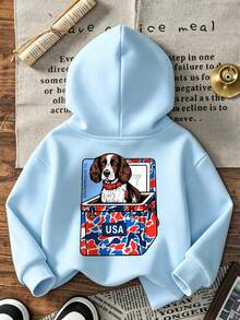 Young Boys Fall Pullover Sweatshirt, Cute Spaniel Dog In USA Camo Cooler Box Back Graphic Print, Loose Casual Daily Top - Baby Blue - View 3