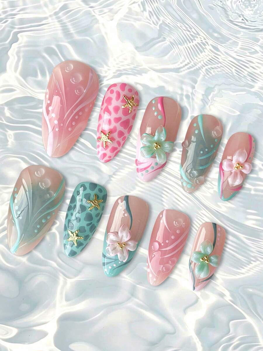 10片中號杏仁形穿戴甲,夏季3D粉色花朵與透明貝殼紋理搭配白色珍珠與金色鋼珠星星點綴,綠色法式漸層全包假指甲,適合女性與女孩日常配戴 - 薄荷藍 - 查看 1