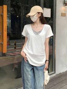 Loose V-Neck Colorblock 2 In 1 Versatile Short Sleeve T-Shirt Top Casual White Summer - White - View 6