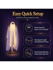 1pc Halloween Outdoor Decoration - 5ft Large Hanging Swing Ghost With Remote Control Light String And Upgraded Bed Sheet, Scary Ghost Halloween Party Decor, Suitable For Trees, Porch, Yard, Garden, Lawn - View 4