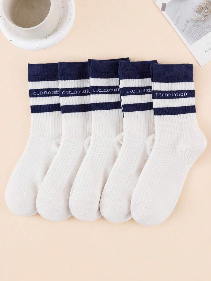 1/5 Pasang Kaos Kaki Wanita Minimalis Motif Huruf Biru & Putih Setinggi Betis, Serbaguna untuk Perjalanan Sehari-hari - MultiWarna - View 1