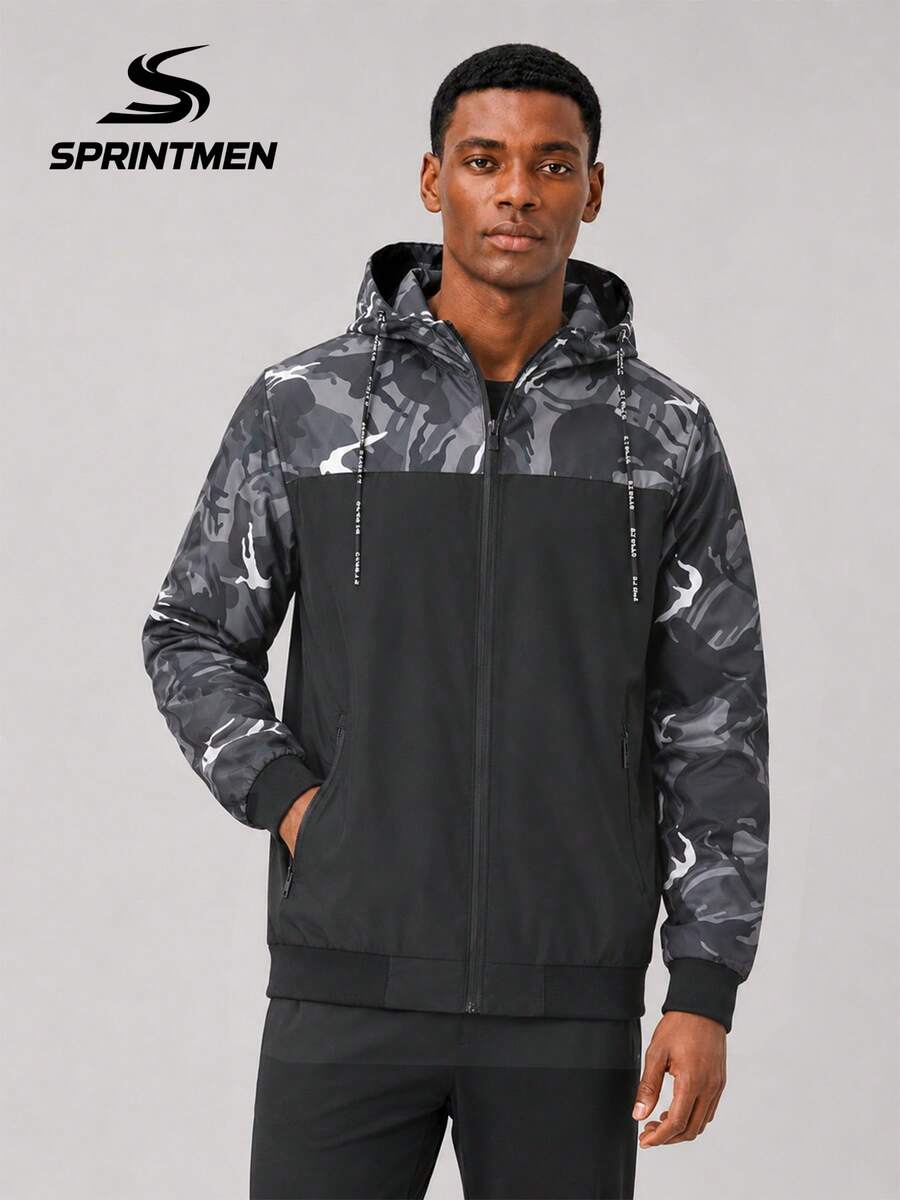 1pc Men's Black & Gray Camouflage Patchwork Hooded Jacket, Drawstring Adjustable Hood, Zipper Pockets Design, Sports Style, Machine Washable, Suitable For Outdoor, Hiking, Cycling, Climbing, Running, Casual Wear - Grey - View 1