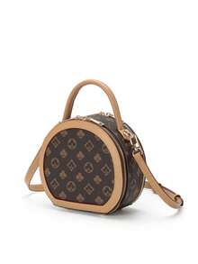 女款復古花卉菱格紋印花圓形盒子手提包，復古棕色拼色人造皮革迷你硬殼圓形化妝包，頂部手柄手提包 - 咖啡棕 - 查看 3