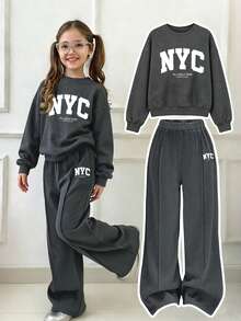 Girls Letter Print Crew Neck Sweatshirt And Loose Pants Set - Dark Grey - View 1