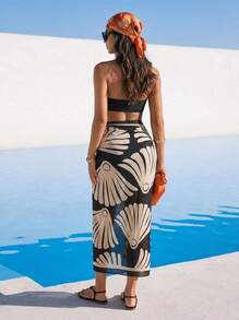 CAJUNI Plus Size Women's Black Criss-Cross Halter Hollow-Out Top And High-Waisted Bikini Bottom Set With Patterned Mesh Maxi Dress,Classy Summer Beach - Black - View 2