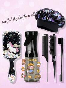 OBOVAY 1/6pcs Cartoon Cute Comb Set, Transparent Unicorn Shaped Air Cushion Hairbrush, Satin Sleep Cap (Unicorn Print Design), 200ml Hair Spray Bottle, Suitable For Daily Use And Sleep, Includes Fluffy Hairbrush, Tail Comb, Edge Comb, Suitable For Styling Bangs, Hairline, Sideburns, Eyebrows And Eyelashes, Perfect Gift For Girls - Multicolor - View 6