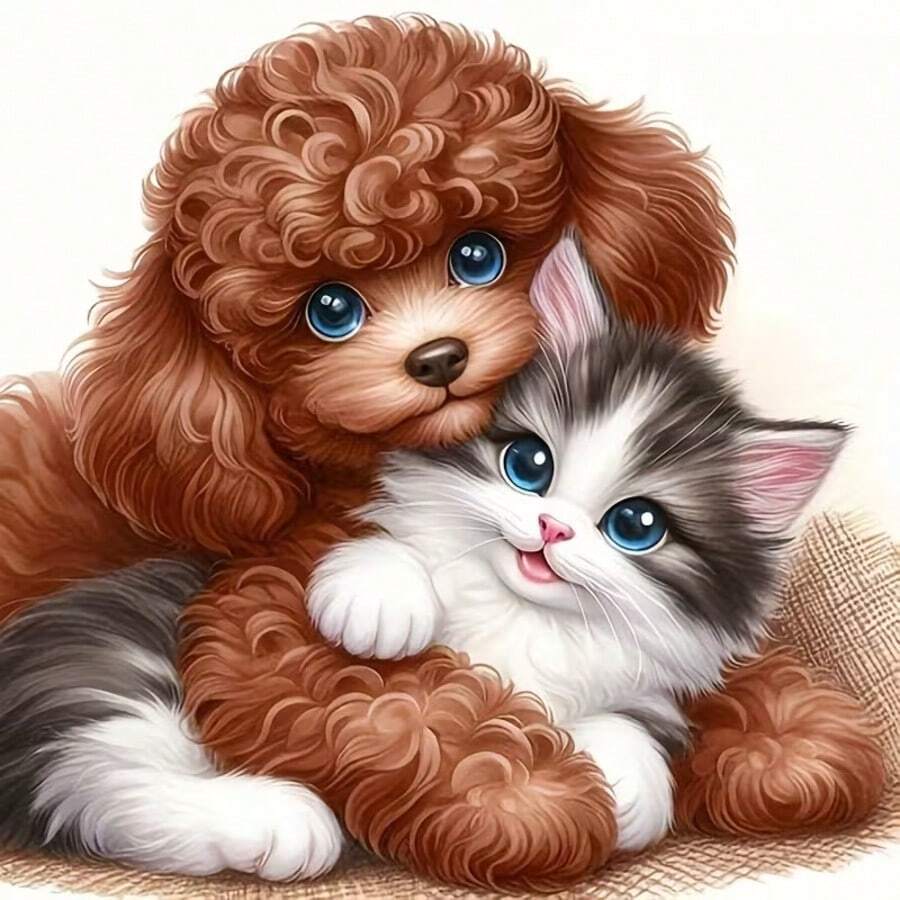 1PC DIY 5D Diamond Painting Kit Puppy And Kitten Pattern - Round Full Diamond Art Mosaic Craft, Home Wall Decor, Unframed - No Frame - View 1