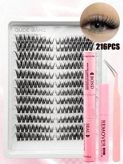 216 قطعة مجموعة رموش اصطناعية DIY بتصميم عين القطة D Curl، رموش فردية ناعمة وهشة، تشمل غراء الرموش ومزيل وملاقط، مناسبة للمبتدئين