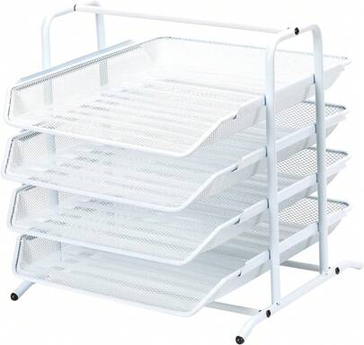 Estante para documentos de malla metálica de cuatro niveles, apilable, bandejas antideslizantes para documentos de escritorio, estante de almacenamiento para documentos de papel sobre el escritorio, disponible en negro o blanco.