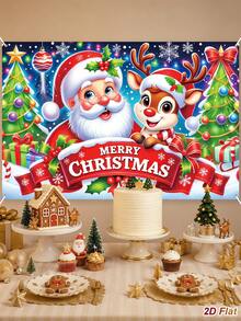 1Pc Christmas Backdrop Cloth With Santa Claus&Reindeer&Christmas Tree Design, Merry Christmas Hanging Background Cloth, Photo Booth Backdrop, Party Backdrop Banner, Backdrop Decoration, Christmas Decoration, Xmas Decor, Home Decor - Christmas a - View 8