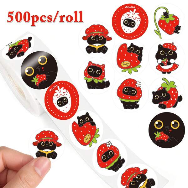 500PCS(1 Roll) 1 Inch Black Cat Stickers Suitable For Teachers, Adults, Parents, Classrooms, Schools, Work, Study, Training, Strawberry Stickers, Handmade Self-Adhesive Labels, Incentive Encouragement, Strawberry Black Cat Stickers, Back To School Stickers, School Opening Decoration Stickers, Back To School Gifts
