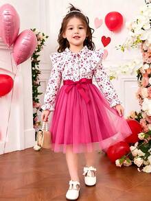 Young Girl Floral Print Mesh Long Sleeve Dress With Waist Belt - Hot Pink - View 2