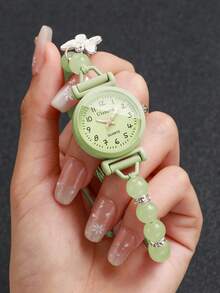 Women's Adjustable Cord Beaded Watch With Butterfly Pendant, Small Digital Dial, Versatile Niche Quartz Wristwatch, Gift For Girlfriend (1pc/Set) Watch Box Not Included - Green - View 2