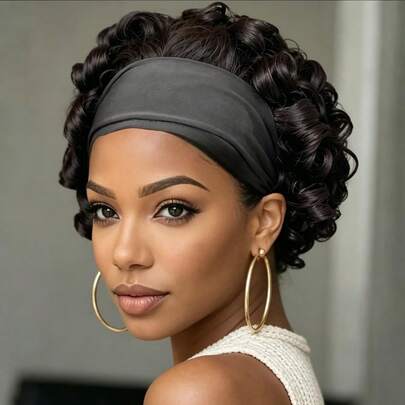Short Curly Pixie Cut Human Hair Wig Machine Made Headband Wig Human Hair Wig Black Color Wig Human Hair Wig Pixie Wig Pixie Cut Wig For Women Dialy Party Cosplay Use Wig