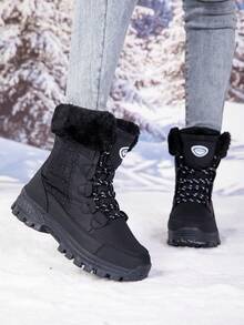 2026 Winter Damen Outdoor Mode Lässig Sport Stiefel, Dicke warme Mittelhohe Schneestiefel mit Patchwork Schnürdesign - Schwarz - Übersicht 5