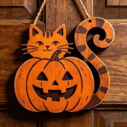 Cute Cartoon Black Cat Halloween Wood Sign, Vintage Distressed Pumpkin Jack-O'-Lantern Hanging Sign For Outdoor Home Front Door Decor