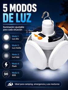 Bombilla de luz solar LED, lámpara de camping recargable por USB, foco portátil para exteriores, lámpara colgante multifunción con linterna - Blanco Frío - Ver 2