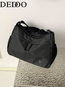 Dedoo Black Plaid Nylon Large Capacity Crossbody Bag With Drawstring, Casual Shoulder Bag, Lightweight Commuter Travel Student Handbag - Black and White - View 9