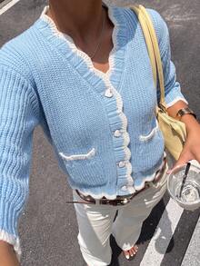 Preppy White Contrast Trim Knit Cardigan, V-Neck Heart Button Patch Pocket Short Jacket, Autumn Thanksgiving Streetwear - Blue - View 3