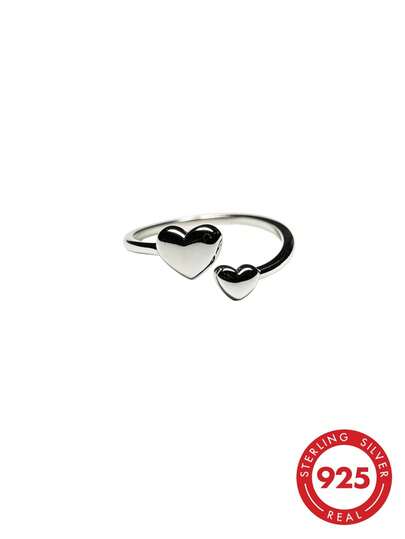 1 pieza Anillo de puño abierto de doble corazón de plata S925 pulida y suave, joyería elegante para mujer, para uso diario, citas, fiestas y regalo de San Valentín