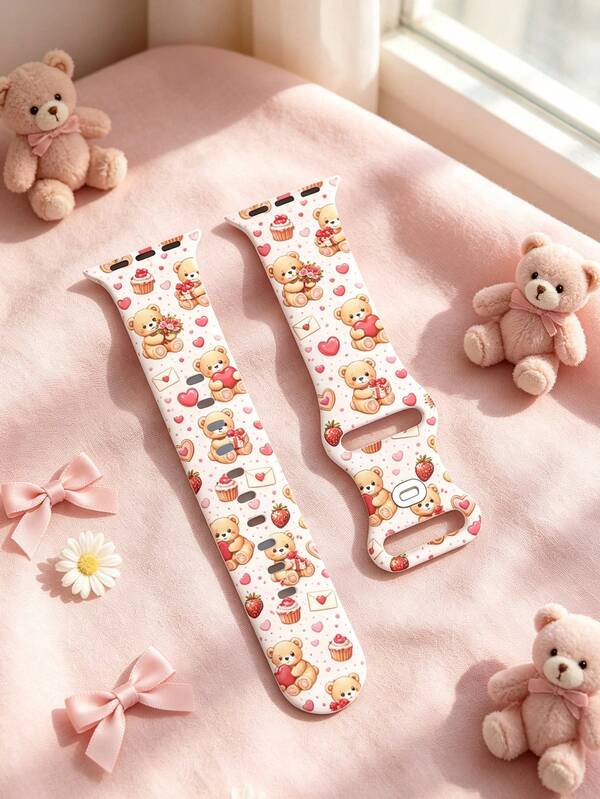Cute Bear Greeting Card Print Silicone Watch Band Compatible With Apple Watch 40mm 41mm 42mm 44mm 45mm 46mm 49mm Models, Fashion Sport Casual Waterproof With Rivet Buckle, Compatible With Apple Watch Series Ultra/11/10/9/8/7/6/5/4/SE, Men's Women's Smartwatch Band