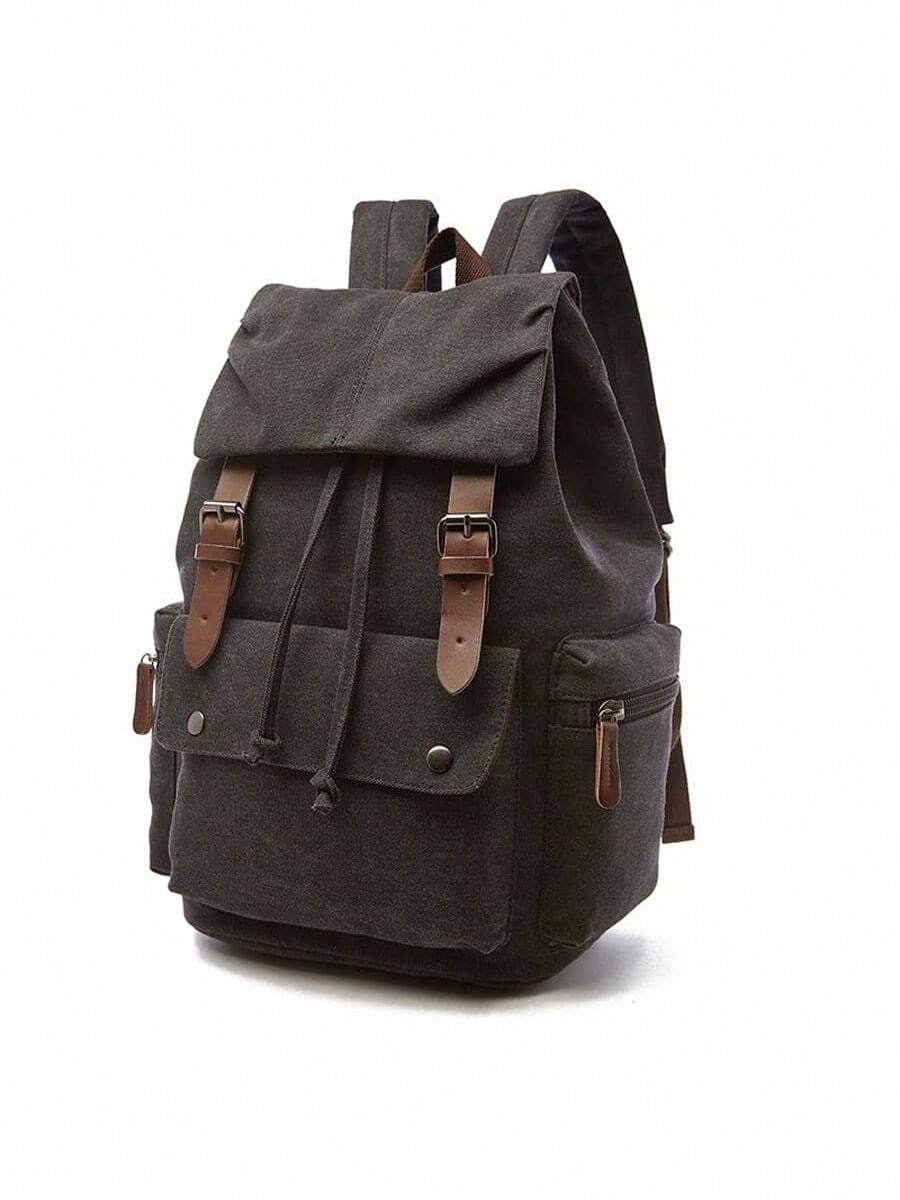 Mochila de lona gruesa vintage, bolso de laptop de moda para viajes de negocios, mochila de gran capacidad con solapa y cordón, mochila para ir al trabajo (adecuada para la temporada de regreso a la escuela) - Negro - Ver 1