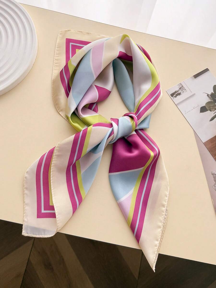 1 pieza Pañuelo de seda sintética elegante con estampado multicolor de estilo delgado para mujer, pañuelo de cuello casual vintage para mujer, chal, pañuelo ligero y delgado cómodo para mujer - Multicolor - Ver 1