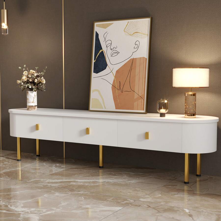 Lowboard TV With Drawers – White And Gold Accents - 白色 - 查看 1