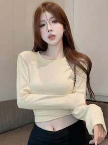 女款素色休閒百搭日常長袖T恤 - 杏色 - 查看 1