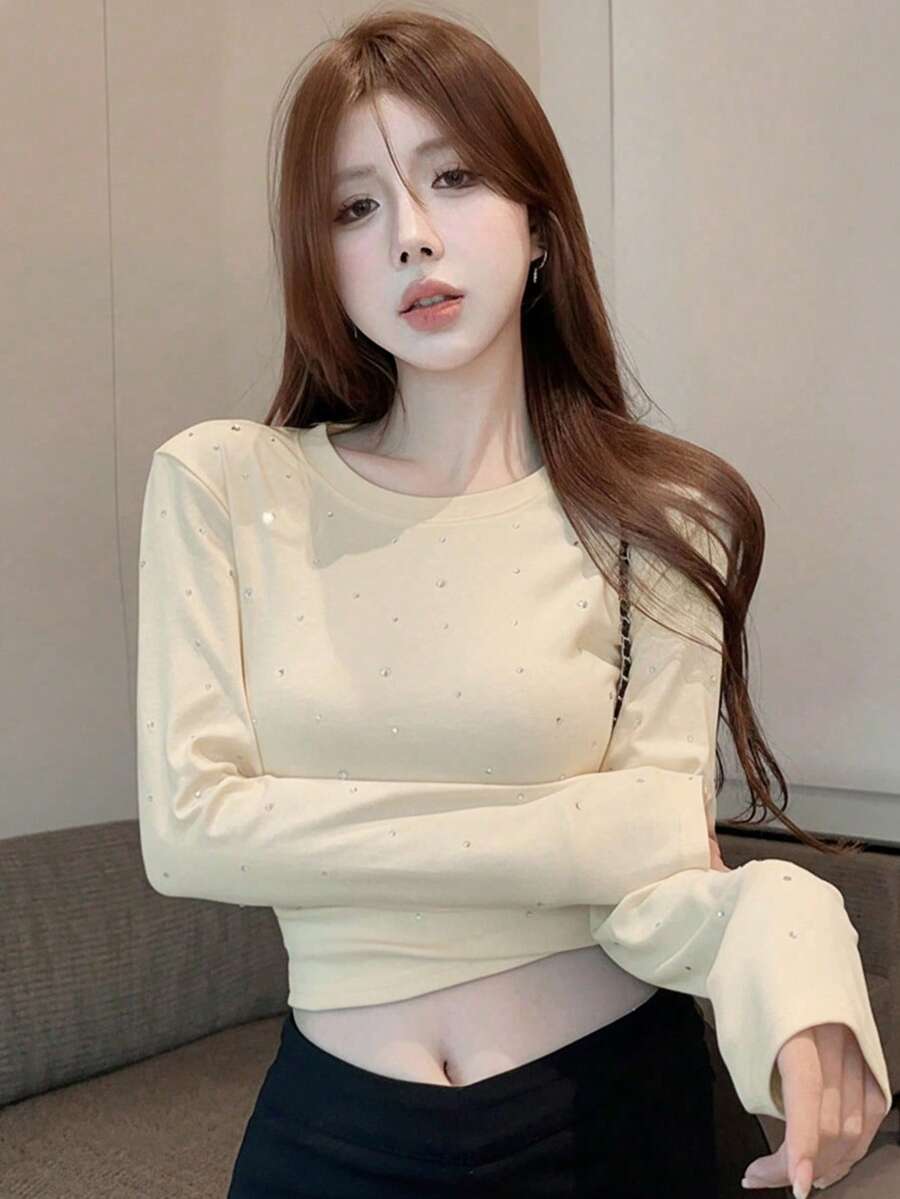 女款素色休閒百搭日常長袖T恤 - 杏色 - 查看 1