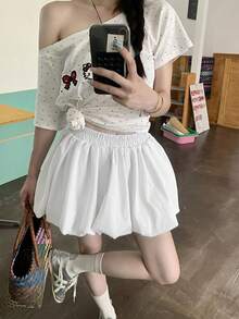 Rok Mini Kuncup Bunga Putih, Rok Lipit Ramping Pinggang Tinggi, Cocok untuk Wanita Bertubuh Mungil, Musim Panas - Putih - View 7