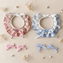 1 Set Plaid Ruffle Lace Adjustable Pet Bib With Matching Bow Accessory, Sweet Cute Pet Collar And Bow Hair Clip Set, Adjustable Tie Drool Bib, Suitable For Cats And Dogs Daily Wear, Party, Photography Outfit Pet Clothing Accessories - Multicolor - View 8