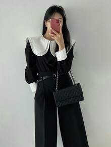 Korean Style Versatile Colorblock Double Layer Collar Pullover Shirt - Black - View 3