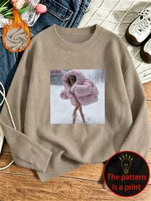 Women's Plus Size Casual Faux Knit Top, Snowman Print, Round Neck, Long Sleeve, Y2K Style, Autumn/Winter - Camel - View 2