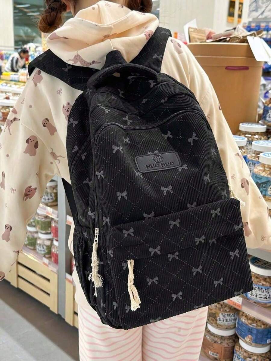 大容量女款後背包,簡約蝴蝶結設計,百搭時尚,小尺寸休閒燈芯絨媽媽包,適合學生 - 彩色 - 查看 1