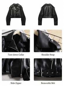 Jaket Pendek Kulit PU Ukuran Besar Wanita Model Vintage Bahu Jatuh Lengan Panjang dengan Sabuk Musim Gugur - Hitam gelap - View 5