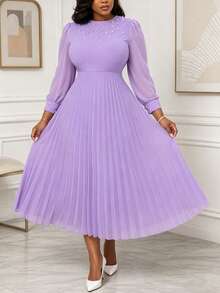 Women's Mid-Length Chiffon Dress, Lantern Sleeves, Round Neck, Pearl Decor, Pleated A-Line Silhouette, Elegant & Comfortable, Suitable For Work, Office, Casual, Formal Occasions In Spring/Summer - Mauve Purple - View 9