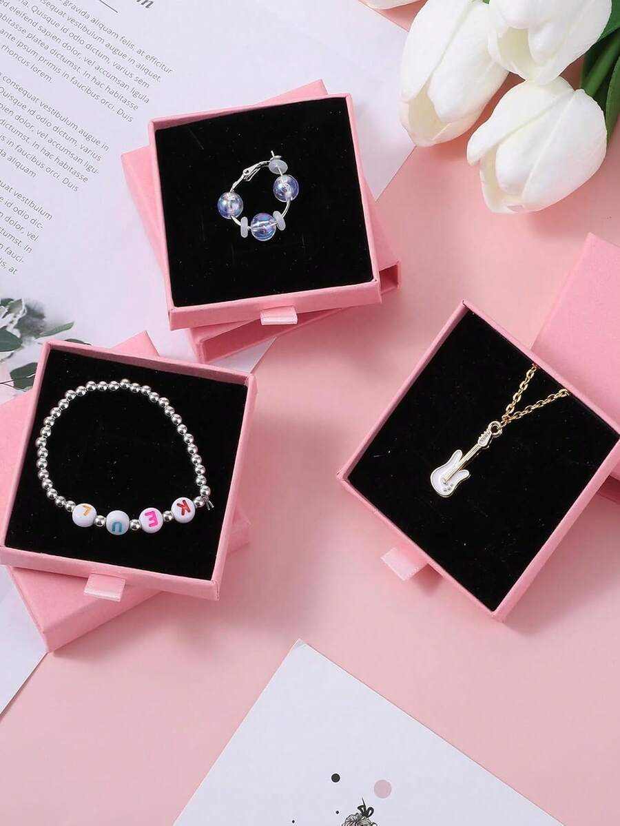 10-Piece Set Of Drawer-Style Cardboard Jewelry Boxes, Pink Cardboard Jewelry Gift Boxes, With Black Sponge, Stackable, Suitable For Storing And Displaying Necklaces, Bracelets, Earrings, And Other Jewelry - Pink - View 1