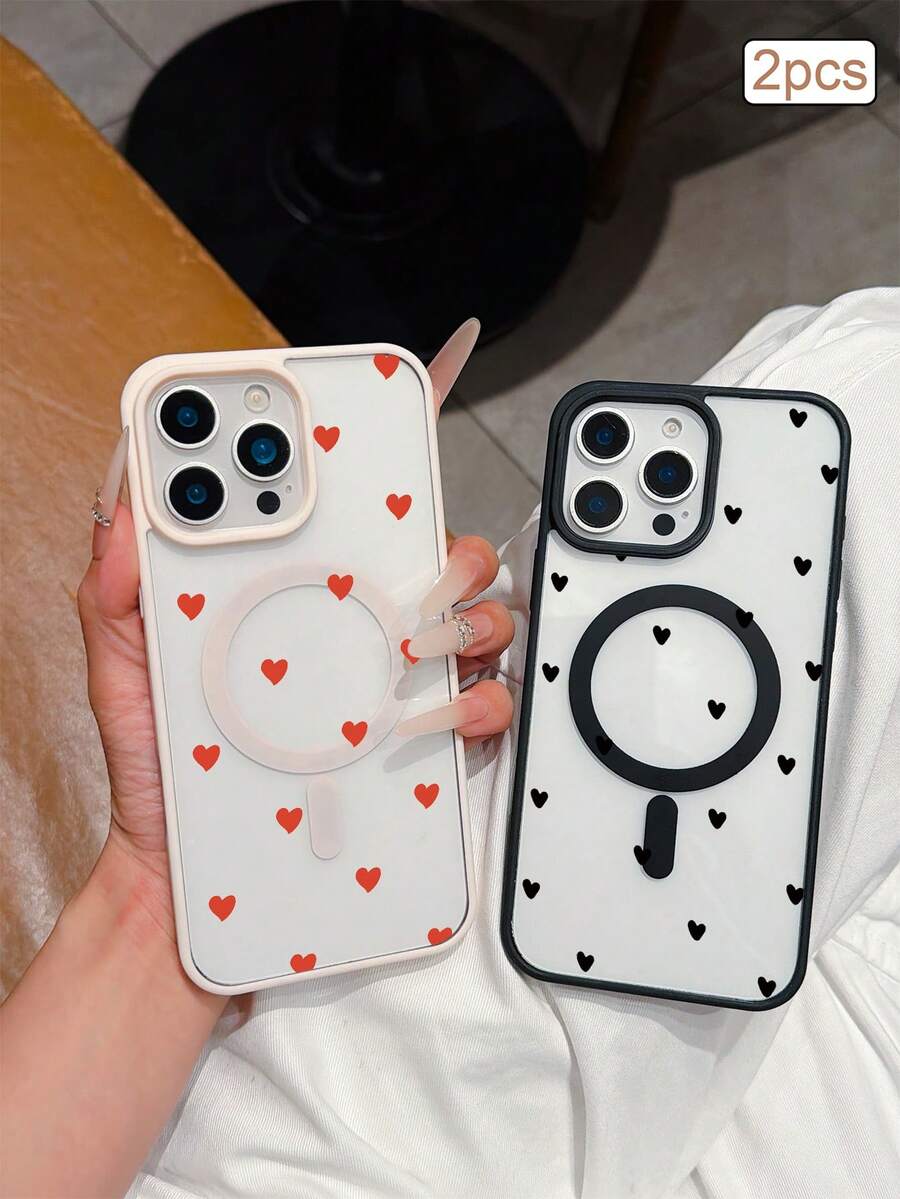 2pcs Heart Magnetic Matte TPU Shockproof Full Coverage Protective Phone Case Compatible With Apple 11/12/13/14/15/16/17 Pro Max - Clear - View 1