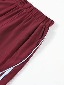 1件女童青少年運動休閒百搭夏季輕量透氣時尚條紋拼接百慕大短褲 - 酒紅色 - 查看 7