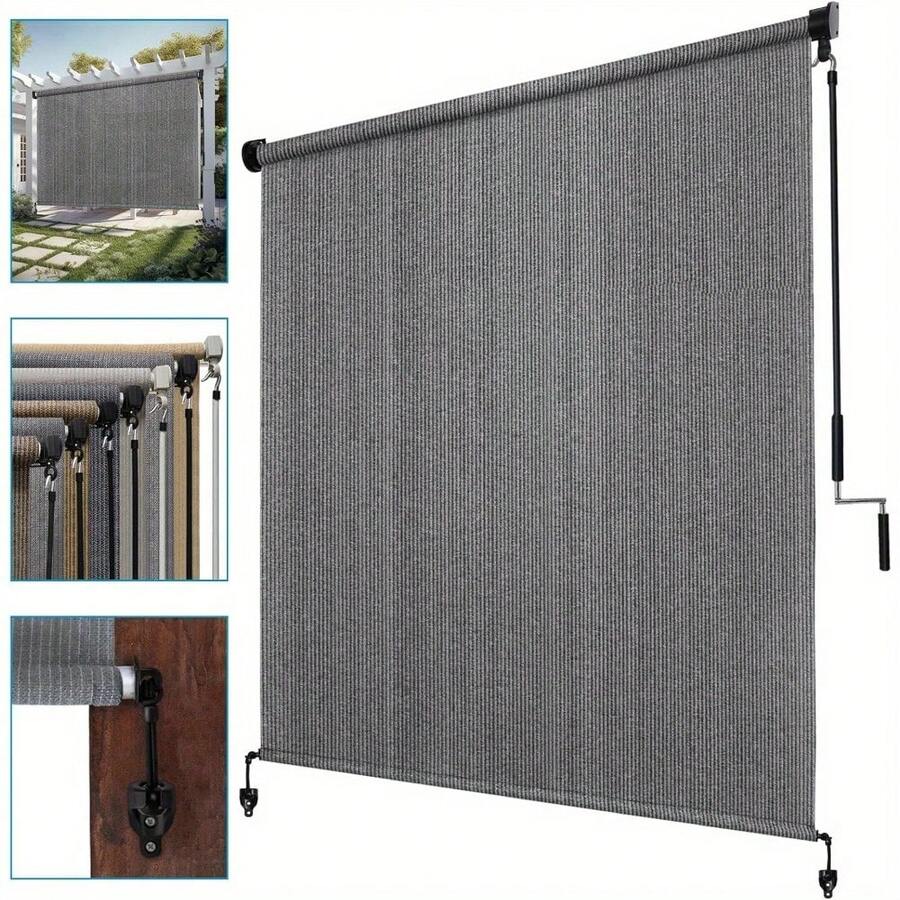 Cordless Outdoor Roller Shade Screen – Dual-Pole Spliced Design, Blackout Sun Shade For Patio, Pergola & Front Porch – Easy Pull-Up, Smooth Roll-Up Operation, UV-Resistant Fabric, Weather-Resilient Mesh, Tool-Free Installation, Compact Storage When R - Light Grey - View 1