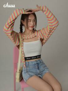 CHUU Rainbow Striped Jacket Women's Summer Youthful Chic Loose Versatile Long Sleeve Short Cover-Up - Multicolor - View 5