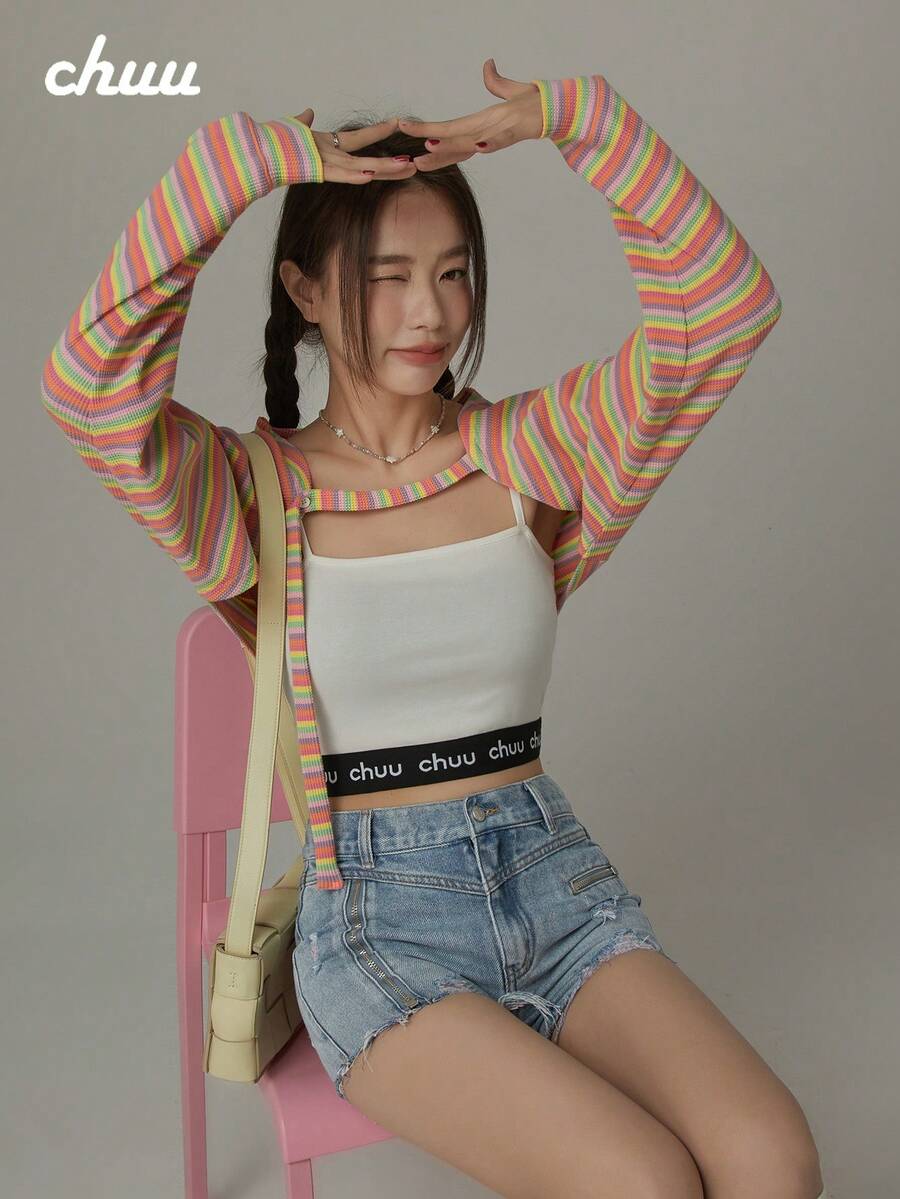 CHUU Rainbow Striped Jacket Women's Summer Youthful Chic Loose Versatile Long Sleeve Short Cover-Up - Multicolor - View 1