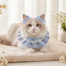1 Set Plaid Ruffle Lace Adjustable Pet Bib With Matching Bow Accessory, Sweet Cute Pet Collar And Bow Hair Clip Set, Adjustable Tie Drool Bib, Suitable For Cats And Dogs Daily Wear, Party, Photography Outfit Pet Clothing Accessories - Multicolor - View 5
